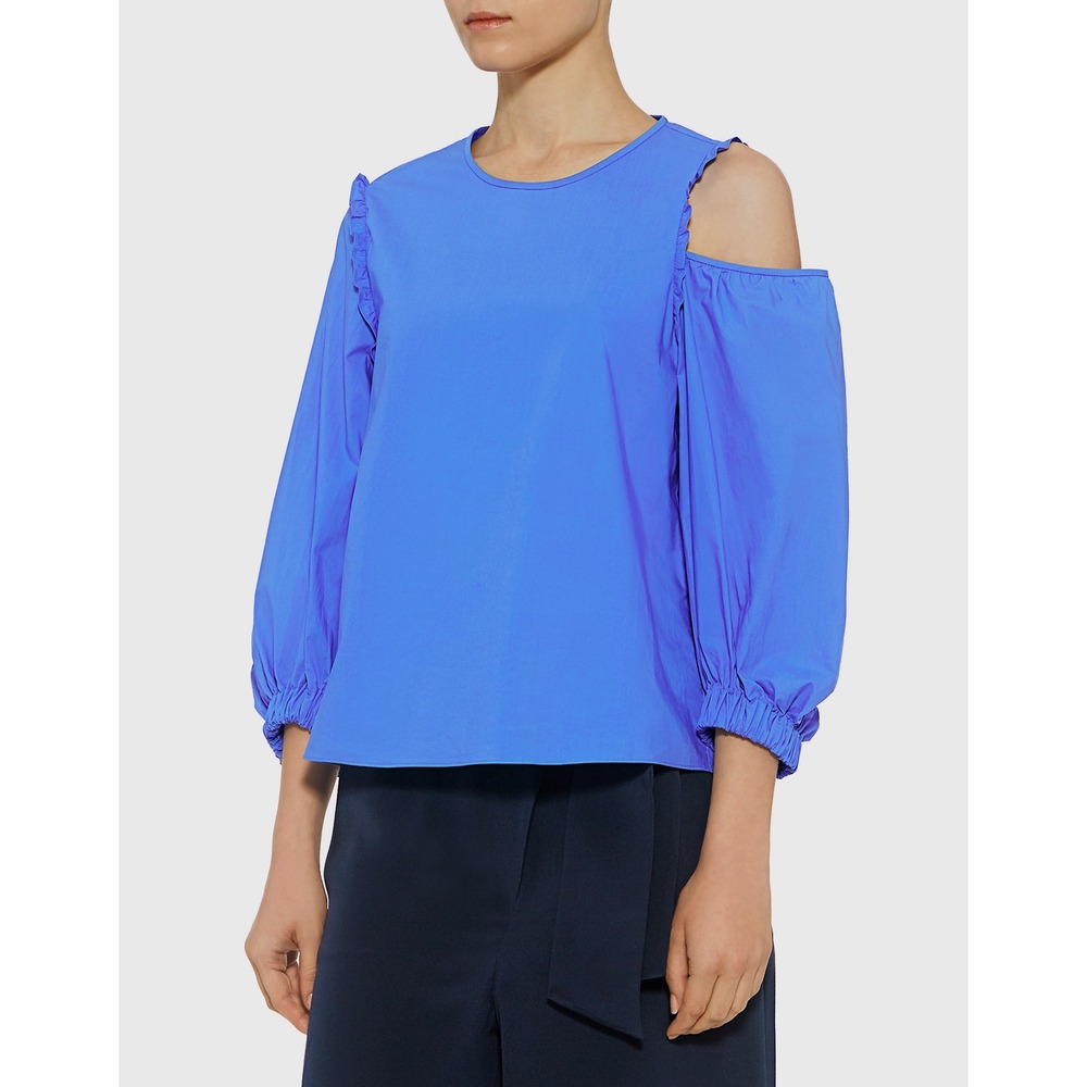 Tibi Savanna Crepe Cold Shoulder Ruffle Puff Sleeve Top Blue Size 4 Women